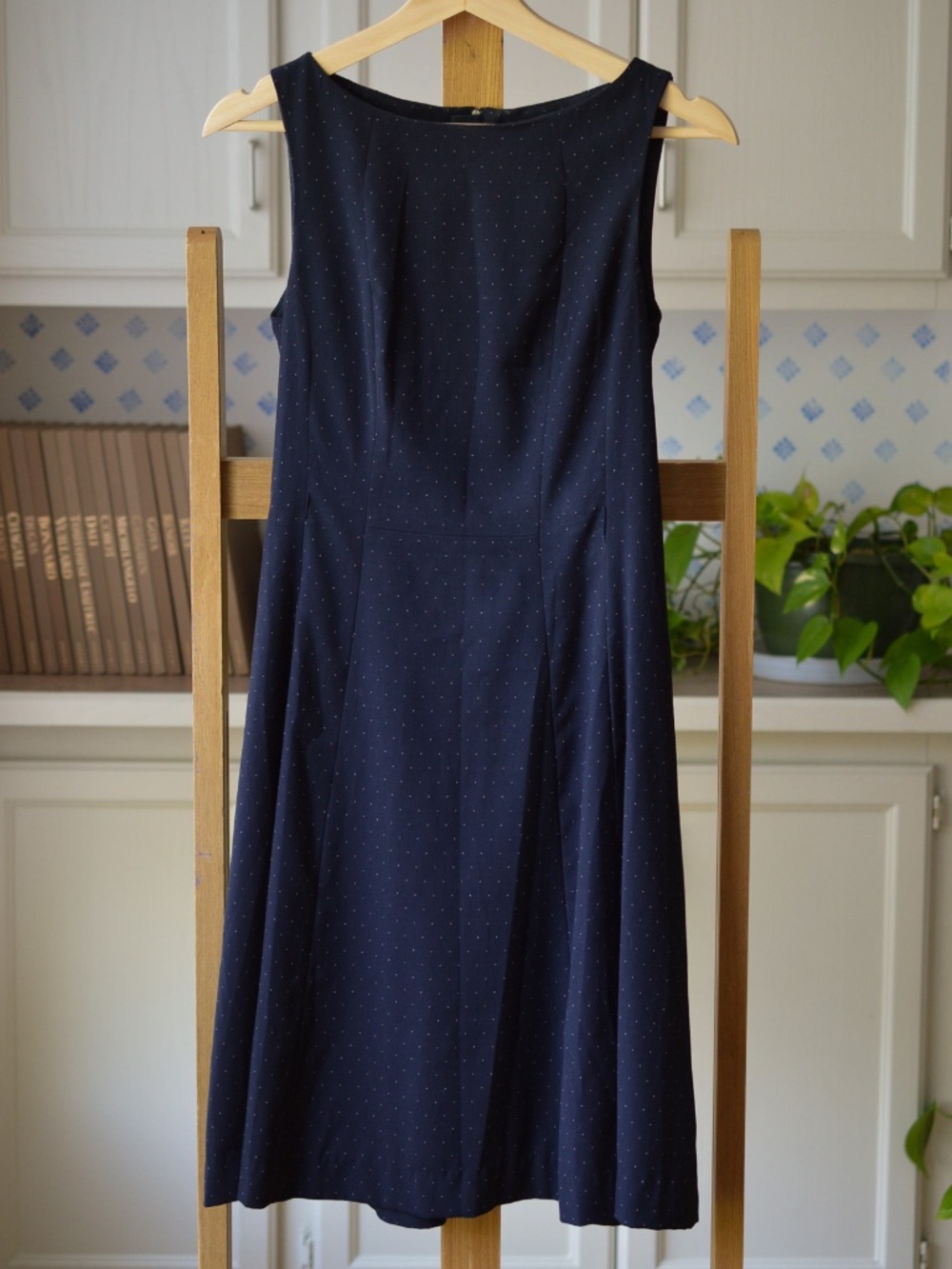 Navy Blue Pinstripe White Polka Dot Sheath Midi Dress Sleeveless